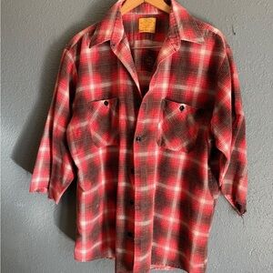 VTG Sears Permafrost Red and Black Plaid Flannel Shirt Cropped Slleves Grunge